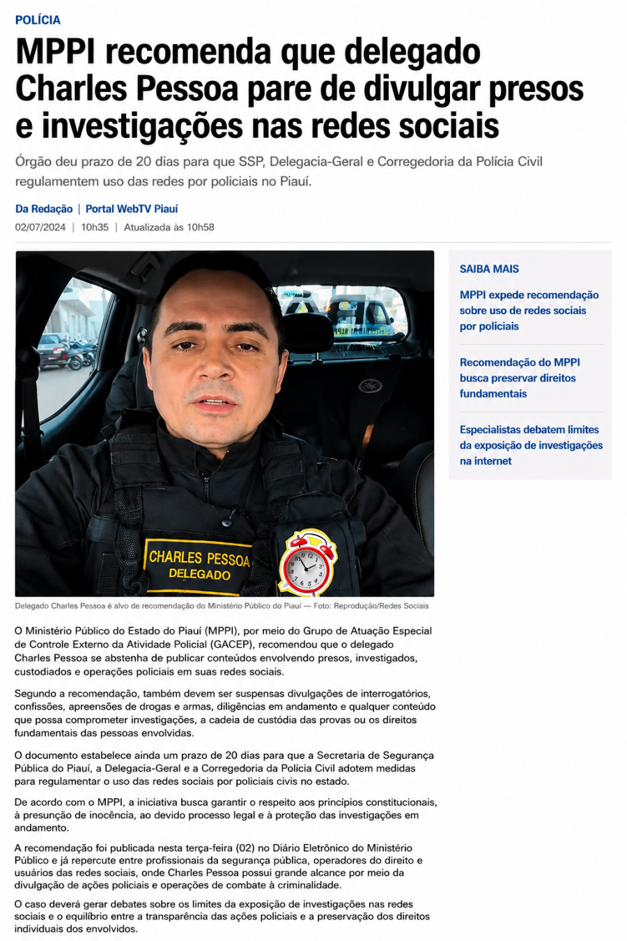 MINISTÉRIO PÚBLICO DO PIAUÍ RECOMENDA QUE DELEGADO CHARLES PESSOA DEIXE DE DIVULGAR INVESTIGAÇÕES E PRESOS NAS REDES SOCIAIS